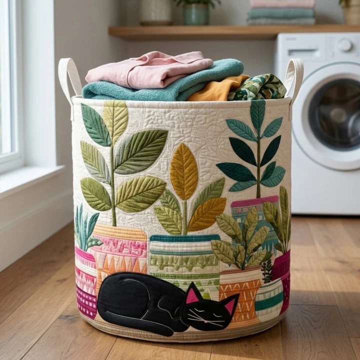 Cat Houseplant Nap Quilted Laundry Basket Botanical Home Decor Best Gift For Plant And Cat Lovers