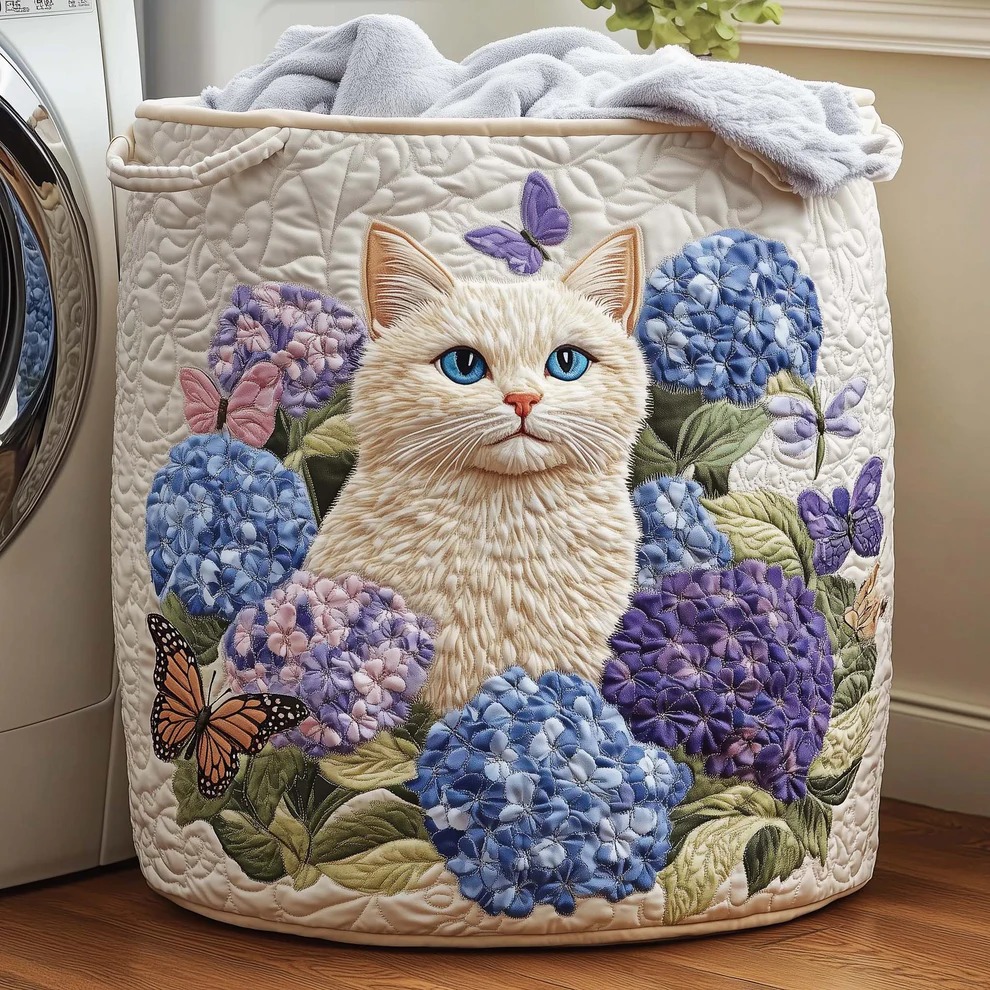 Cat Hydrangea Butterfly Quilted Laundry Basket Floral Cat Lover Home Decor Best Gift For Cat Owners