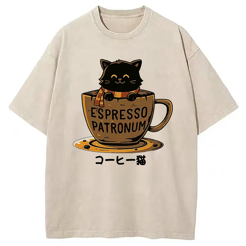Cat In A Coffee Cup Washed T-Shirt Minimal Retro Graphic Clothing Gifts For Her