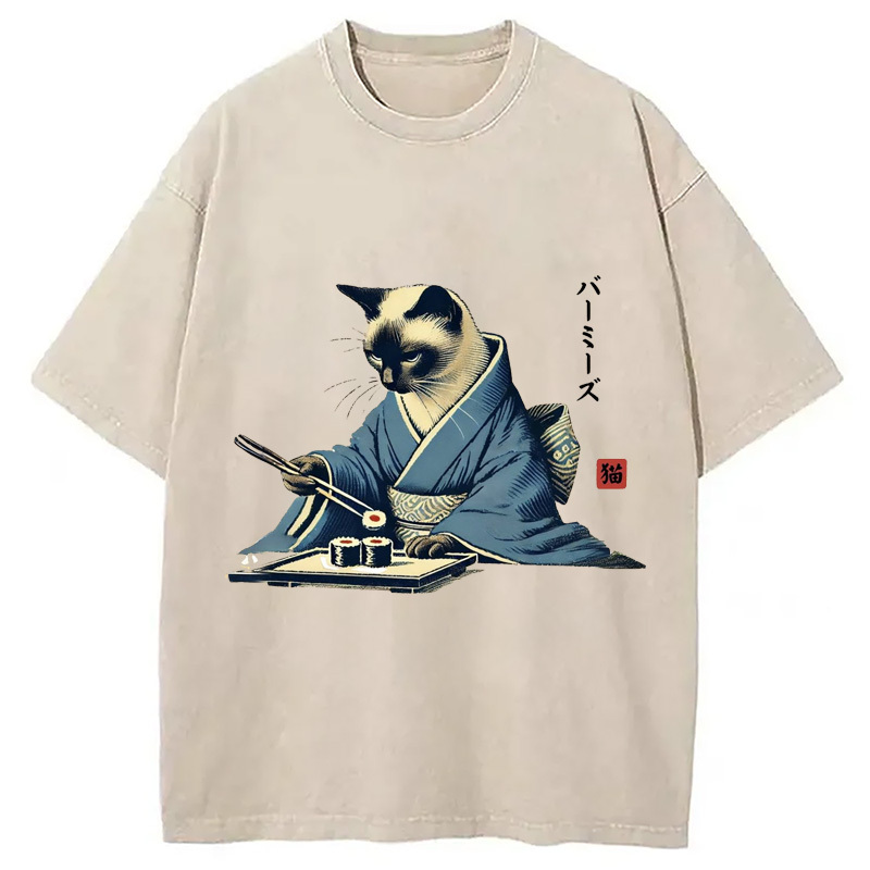 Cat In Kimono Eating Sushi Washed T-Shirt Funny Graphic Gift For Friends Gifts For Brother