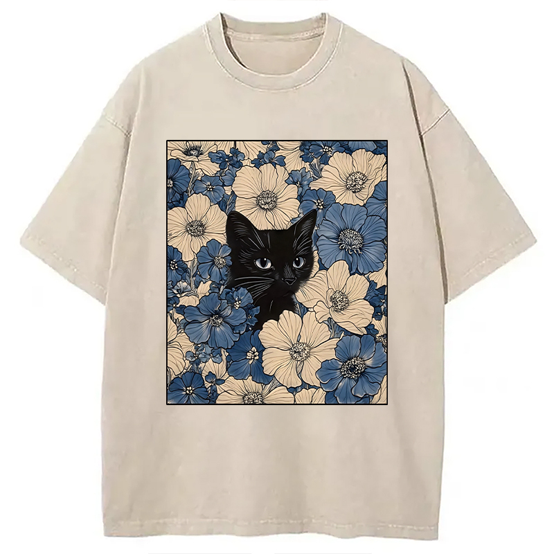 Cat In The Flowers Washed T-Shirt Funny Graphic Gift For Friends Gifts For Him