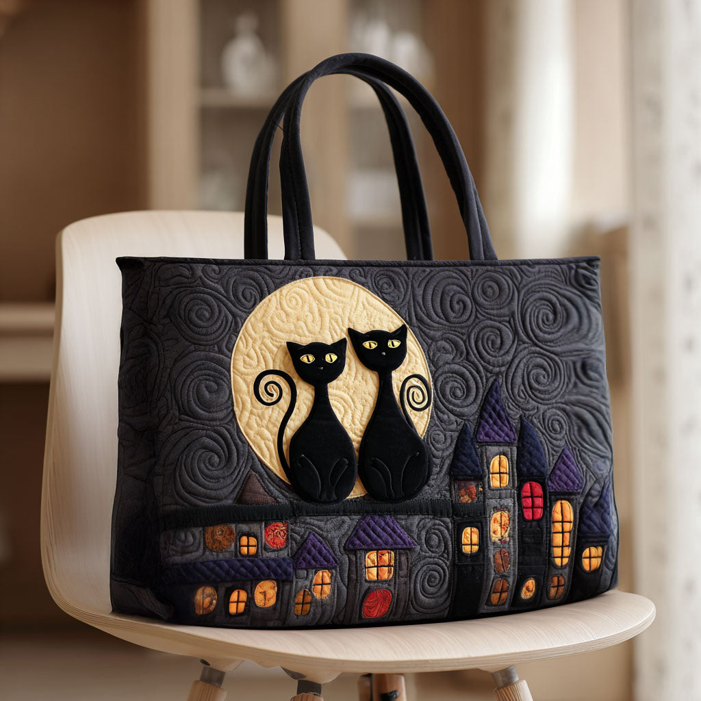 Cat in the Moonlight Quilted Tote Bag Gifts For Book Lovers Friends