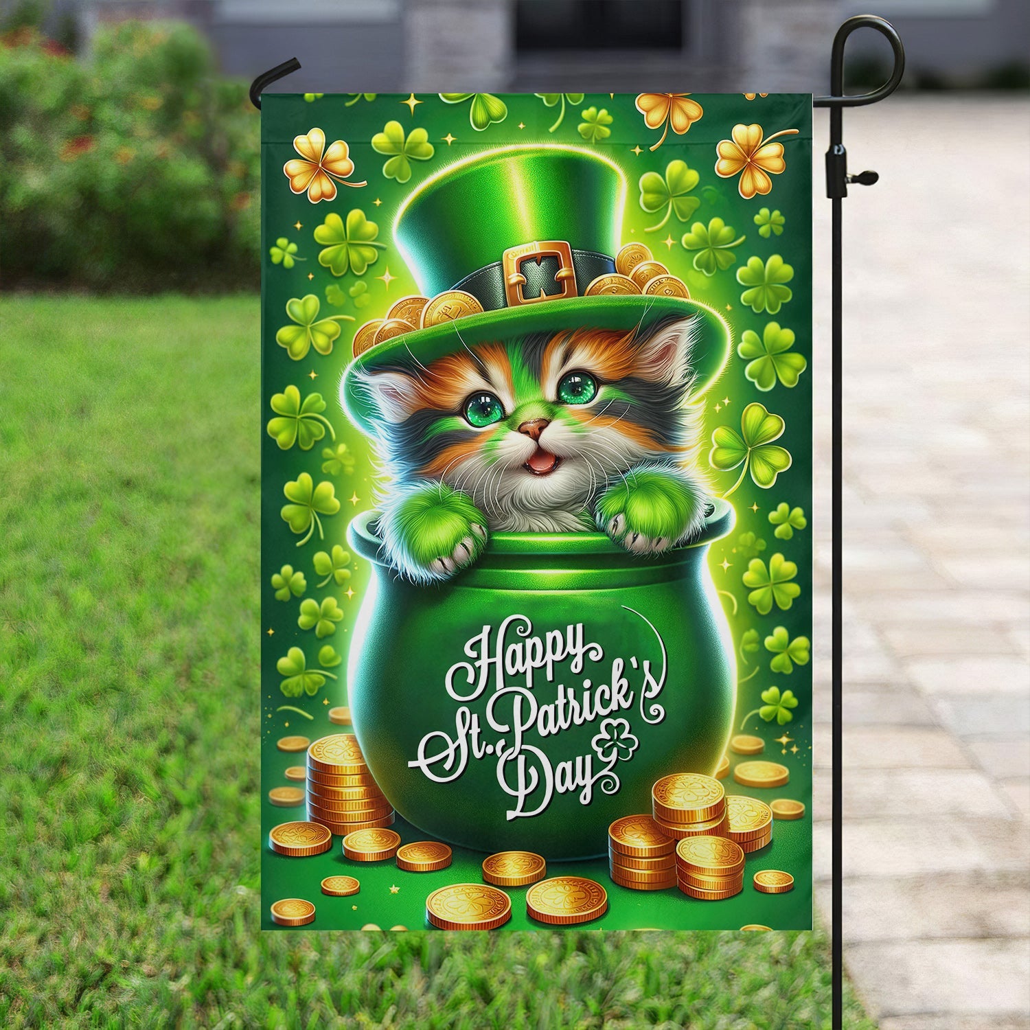 Cat Inside The Money Jar St Patrick's Day Flag Golden Cat Themed Outdoor Decor Cat Lovers Gift