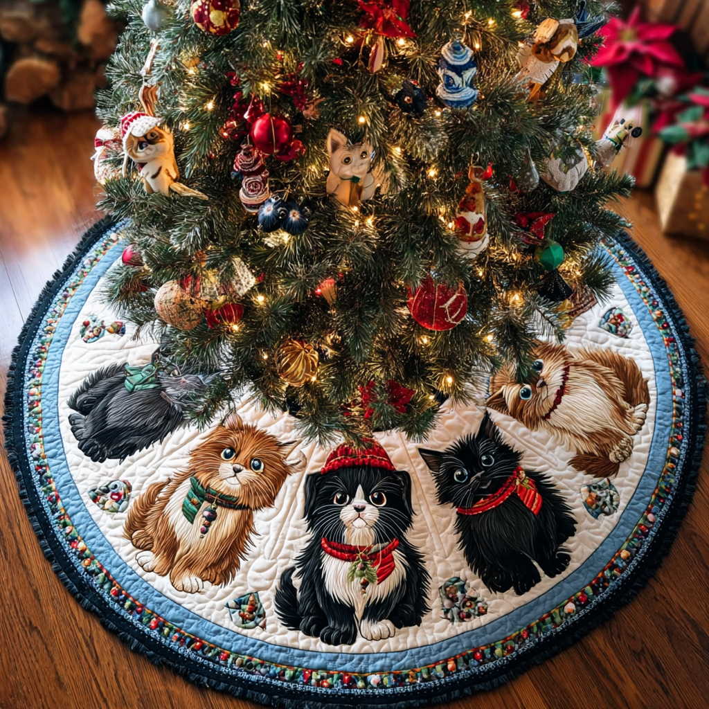 Cat Joy Christmas Quilted Tree Skirt Beautiful Quilted Tree Skirt Gift for Cozy Christmas