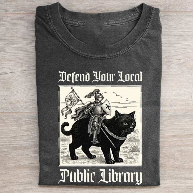 Cat Knight Defend Your Local T-Shirt Public Library Merchandise Gifts For Men