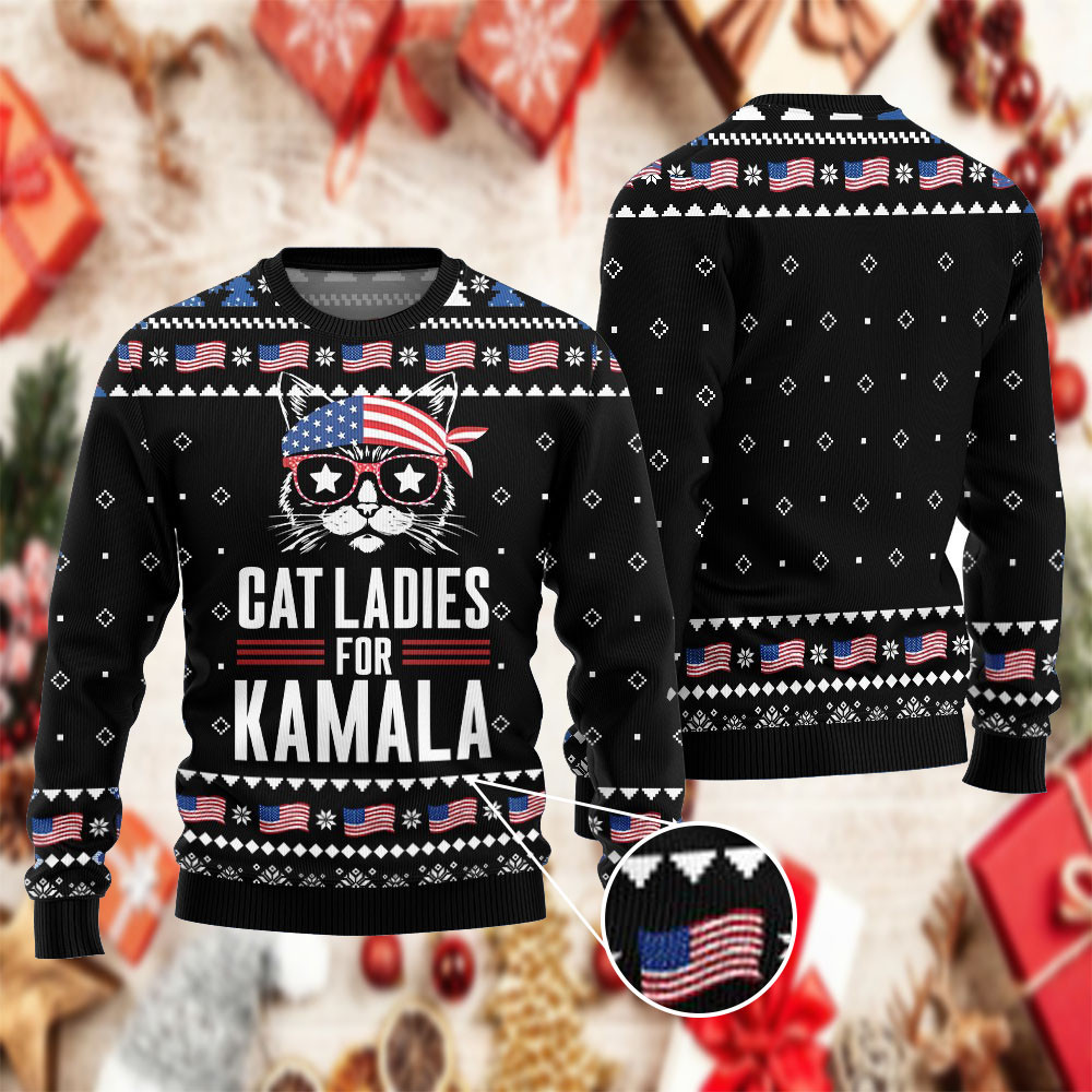 Cat Ladies For Kamala 2024 Christmas Ugly Sweater Kamala Harris Campaign Political Sweater