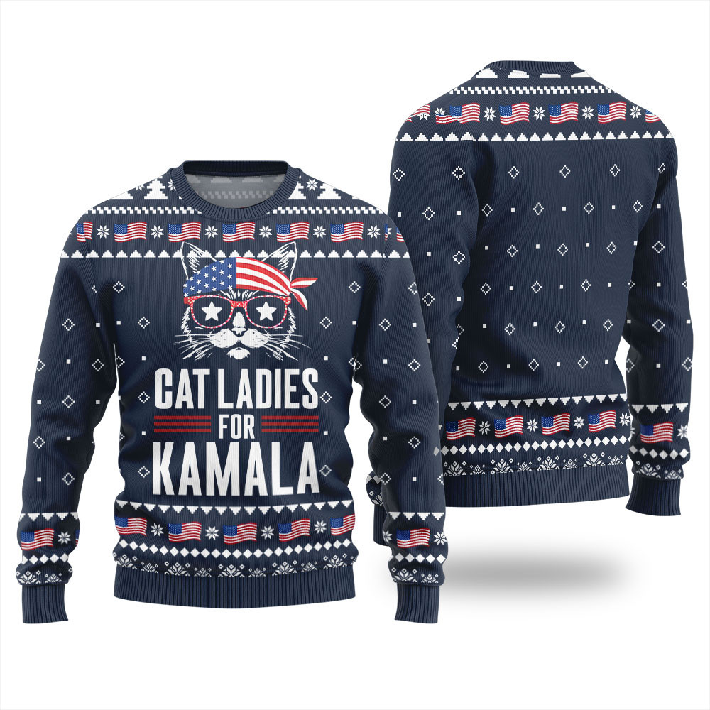 Cat Ladies For Kamala Harris Election Ugly Christmas Sweater Navy Perfect Holiday Gift Merch for Sweater Lovers