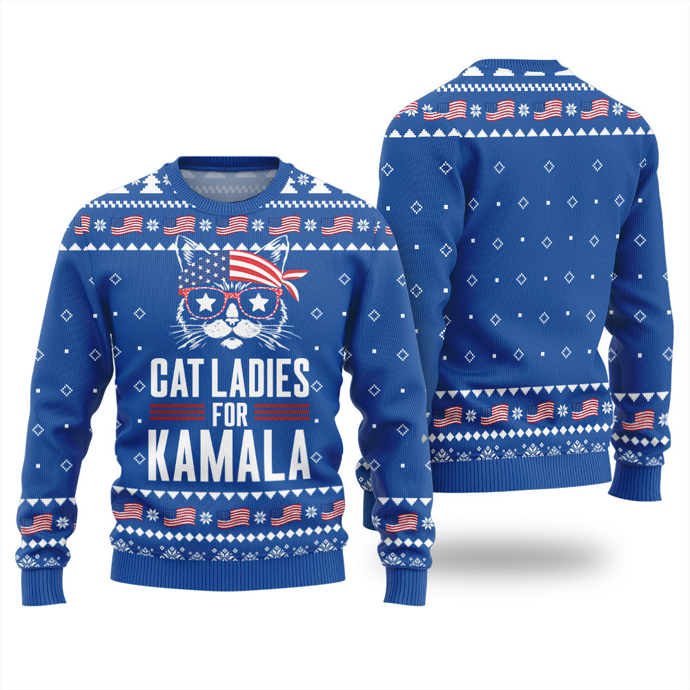 Cat Ladies Vote For Kamala Harris Ugly Christmas Sweater Royal Custom Christmas Sweatshirt for Family Matching