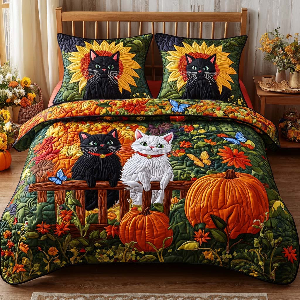 Cat Leaf Whispers Quilted Bedding Set Holiday Duvet Cover Set Best Cat Gifts