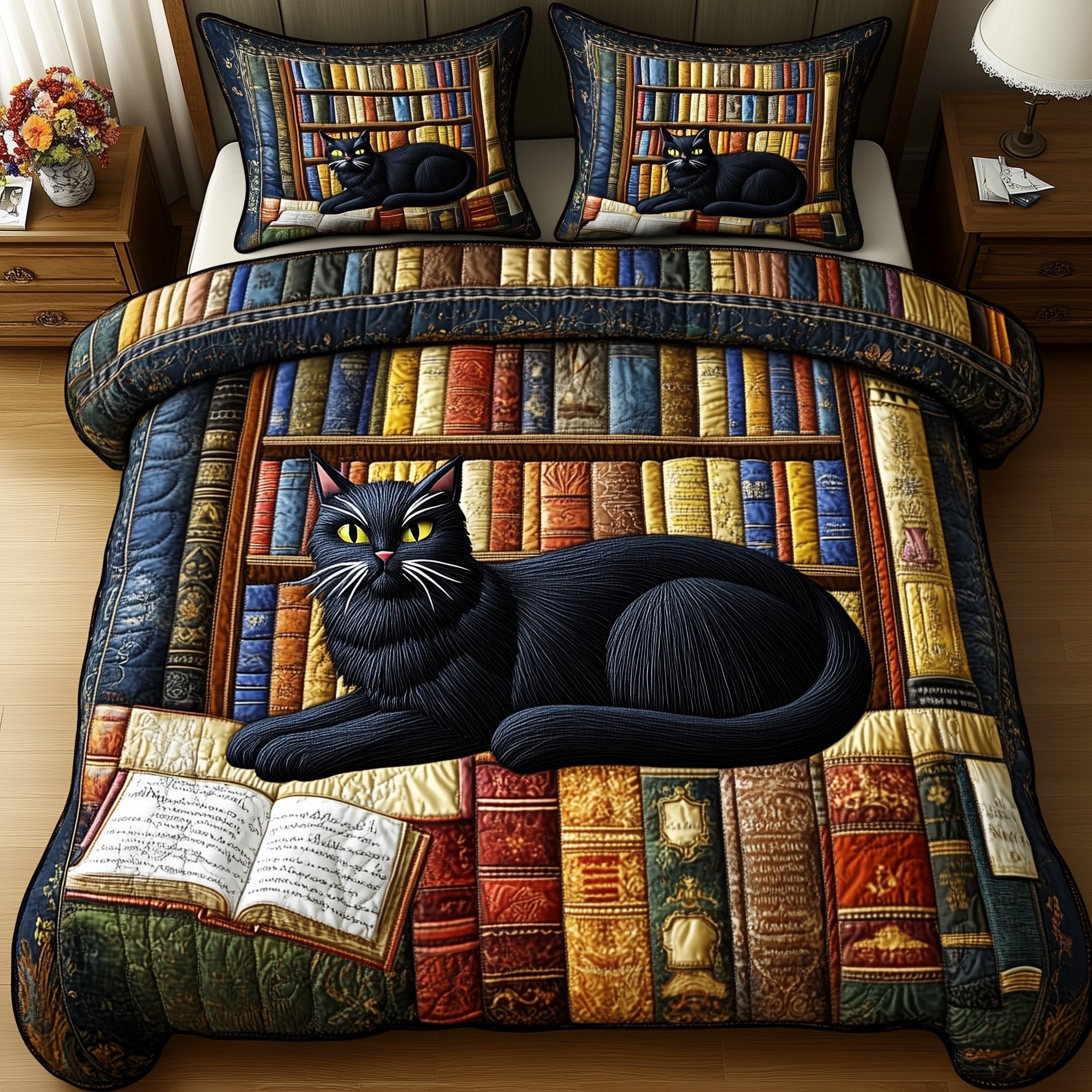 Cat Library Quilted Bedding Set Duvet Cover Bedspread Cat Items For Cat Lovers
