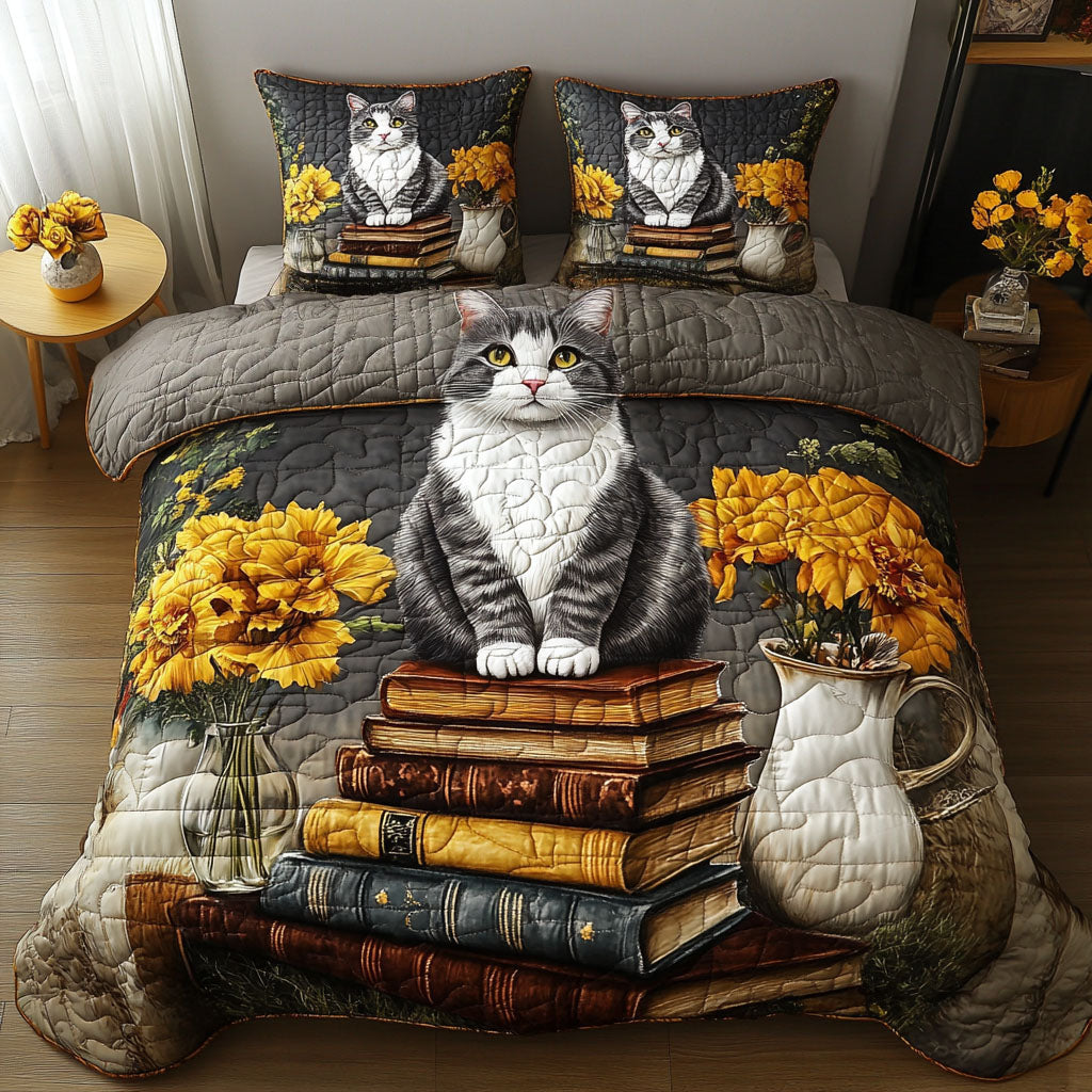 Cat Library Quilted Bedding Set Luxury Bedding Set with Pillow Covers Included