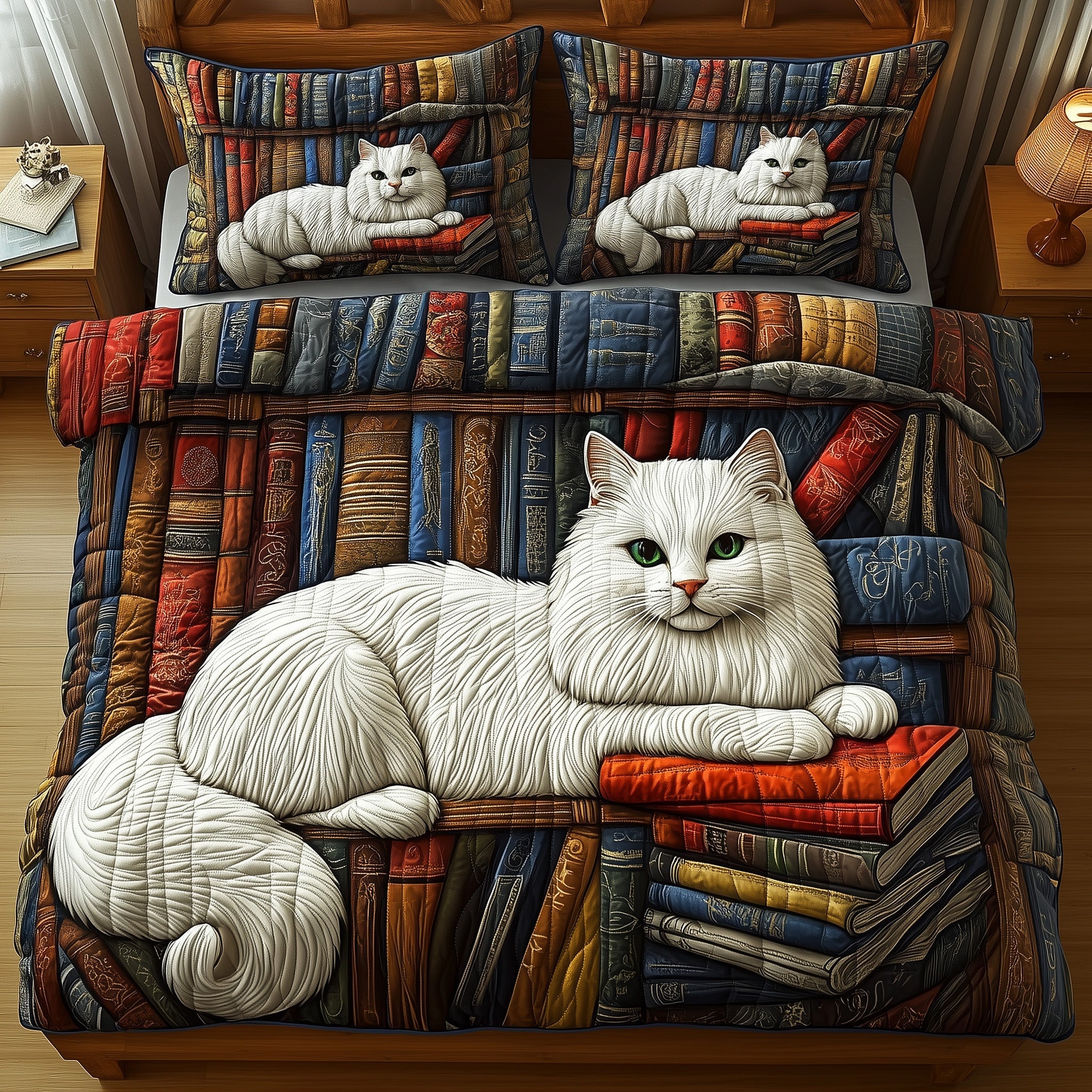 Cat Library Quilted Bedding Set Stylish Home Decor