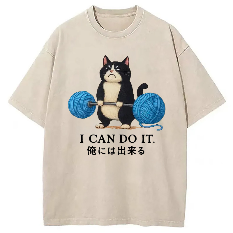 Cat Lifting Weight Washed T-Shirt Retro Humor Graphic Top Gifts For Sister