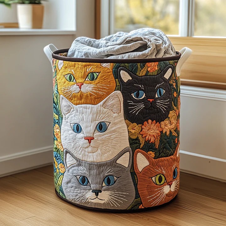 Cat Meadow Floral Quilted Laundry Basket Boho Garden Cat Home Storage Best Gift For Cat Lovers