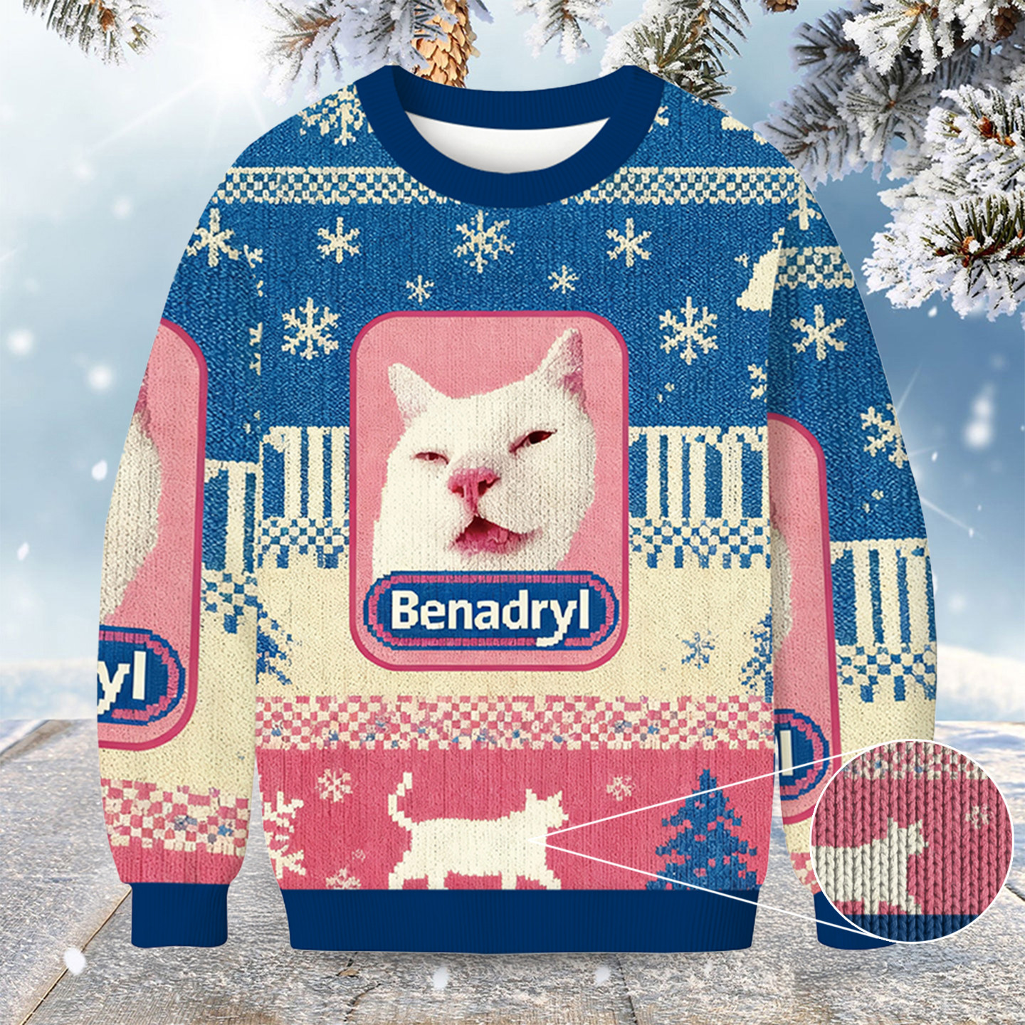 Cat Meme Funny Benadryl Christmas Ugly Sweater Holiday Clothing Cat Gifts For Xmas