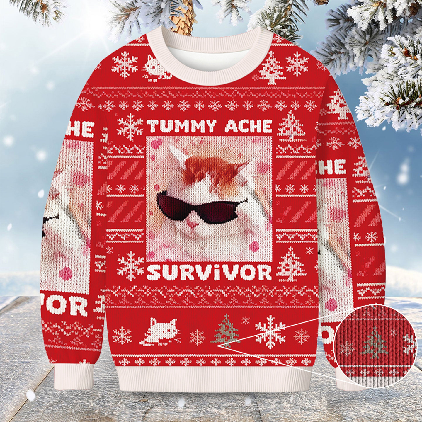 Cat Meme Tummy Ache Survivor Christmas Ugly Sweater Animal Themed Cat Lover Christmas Gifts