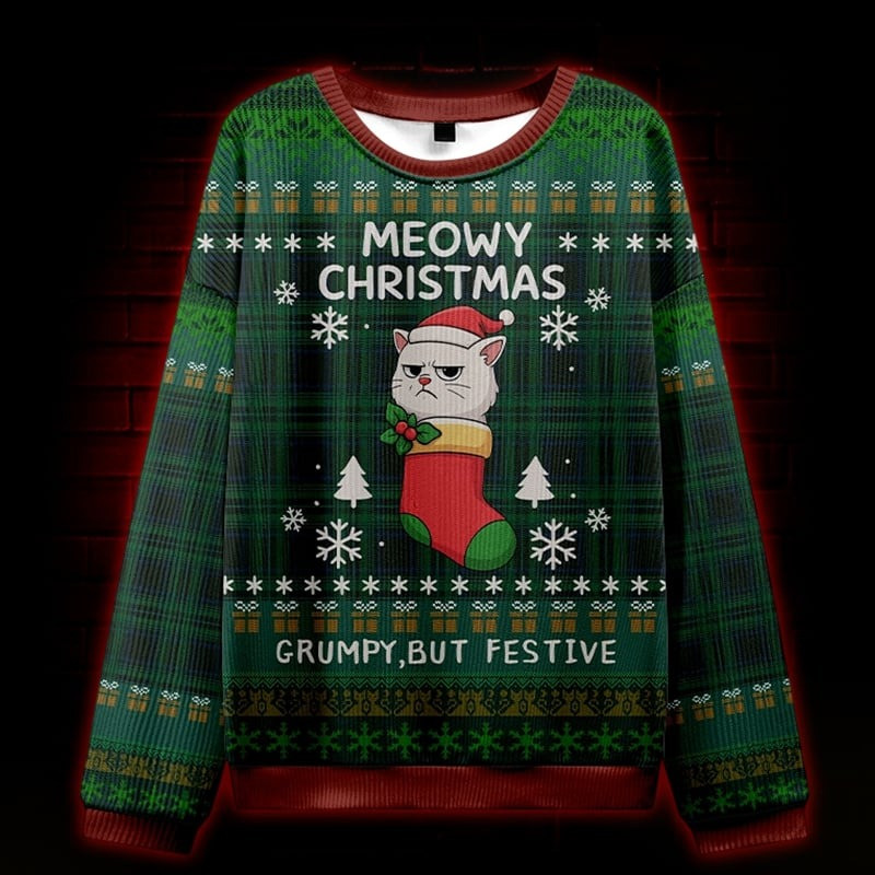 Cat Meowy Christmas Ugly Sweater Grumpy But Festive Xmas Gifts For Cat Lovers