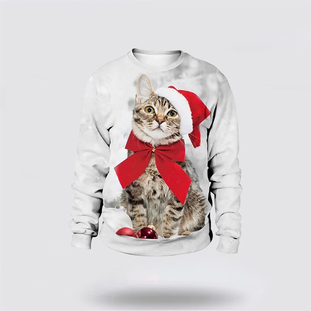 Cat Merry Christmas White Sweater Christmas Unisex Sweater Funny Christmas Sweater