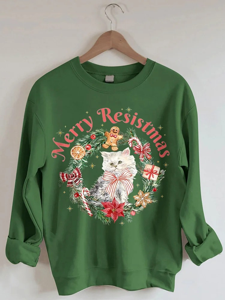 Cat Merry Resistmas Sweatshirt Anti Fascist Merch Christmas Gifts For Cat Lovers