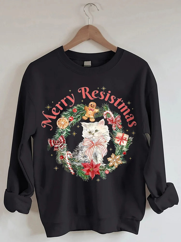 Cat Merry Resistmas Sweatshirt Anti Fascist Merch Cute Cat Apparel For Christmas