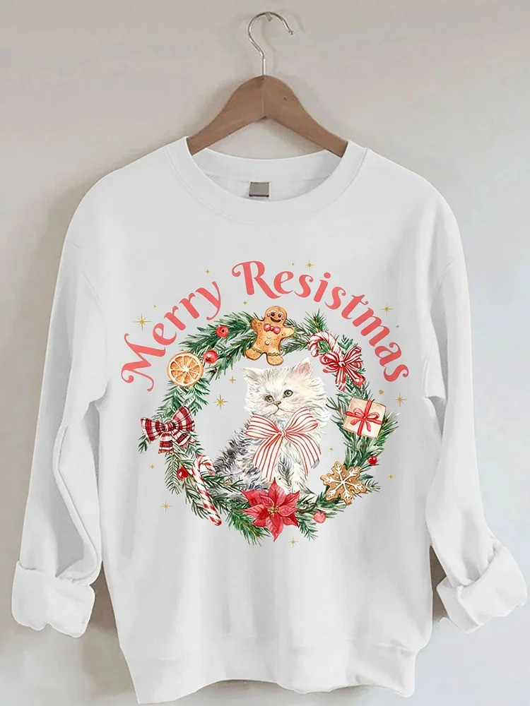 Cat Merry Resistmas Sweatshirt Anti Fascist Merch Holiday Apparel Christmas Gifts Ideas