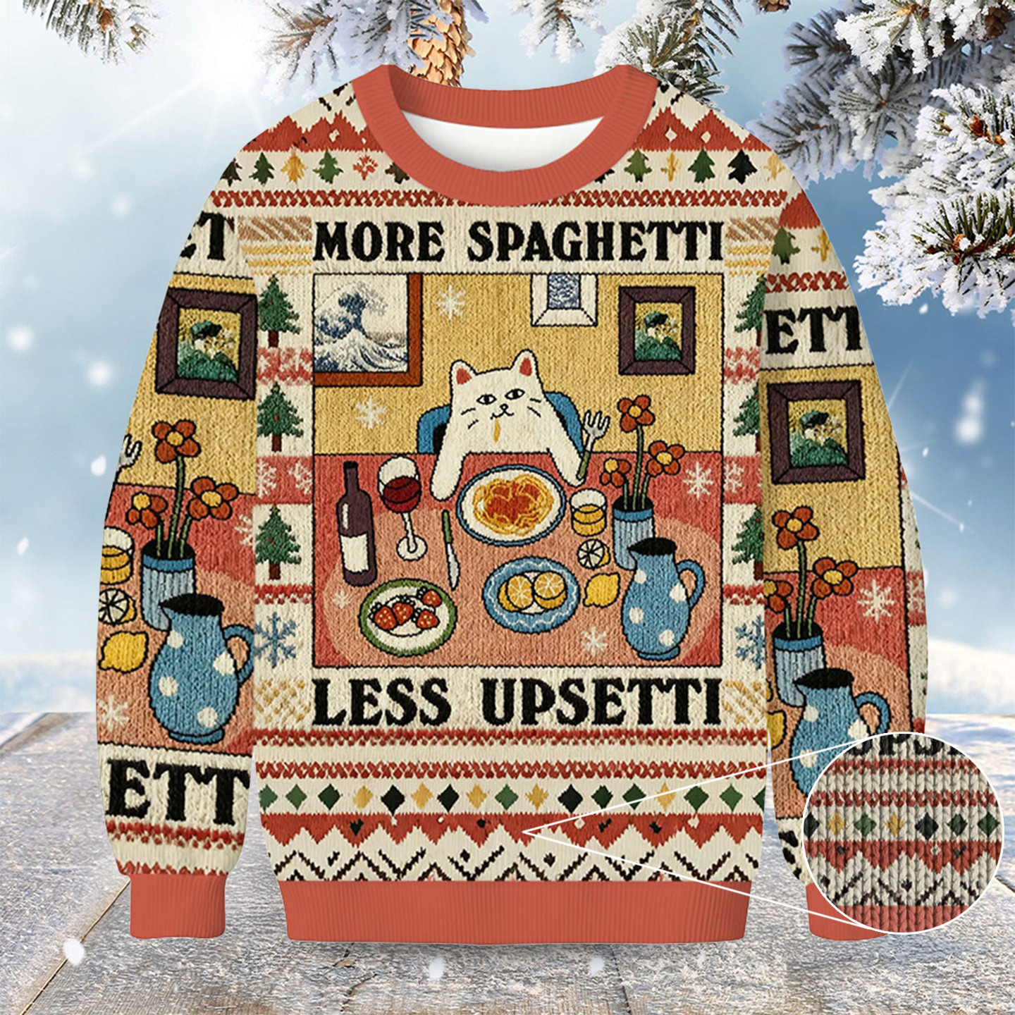 Cat More Spaghetti Less Upsetti Christmas Ugly Sweater Food Themed Cat Lover Present
