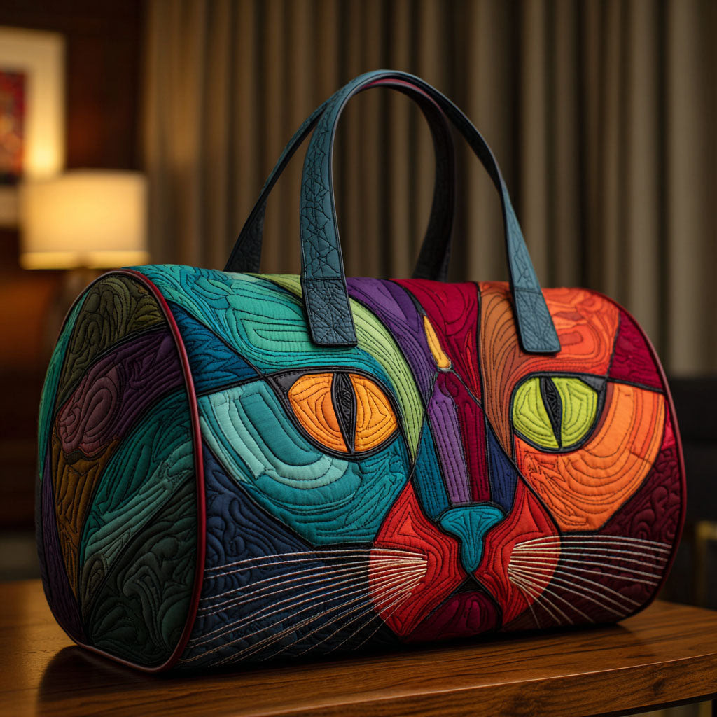 Cat Mosaic Quilted Duffle Bag Colorful Feline Travel Bag Best Gift For Cat Lovers Camping Outdoor Fun