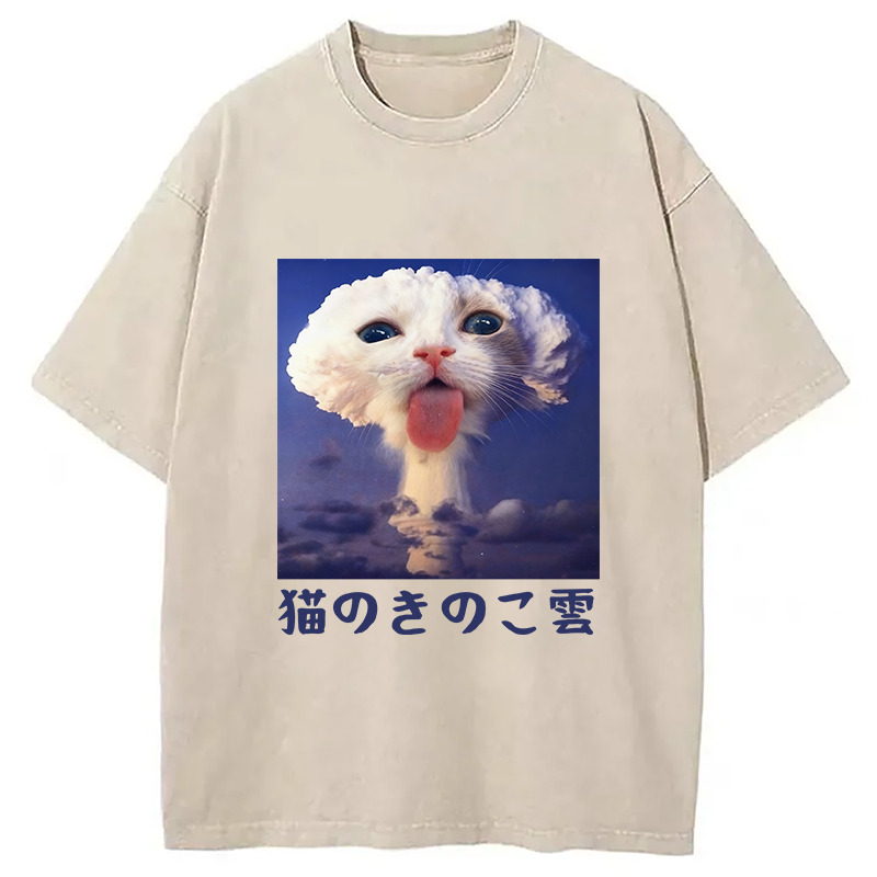 Cat Mushroom Cloud Washed T-Shirt Cool Urban Street Style Shirt Gifts For Best Friend