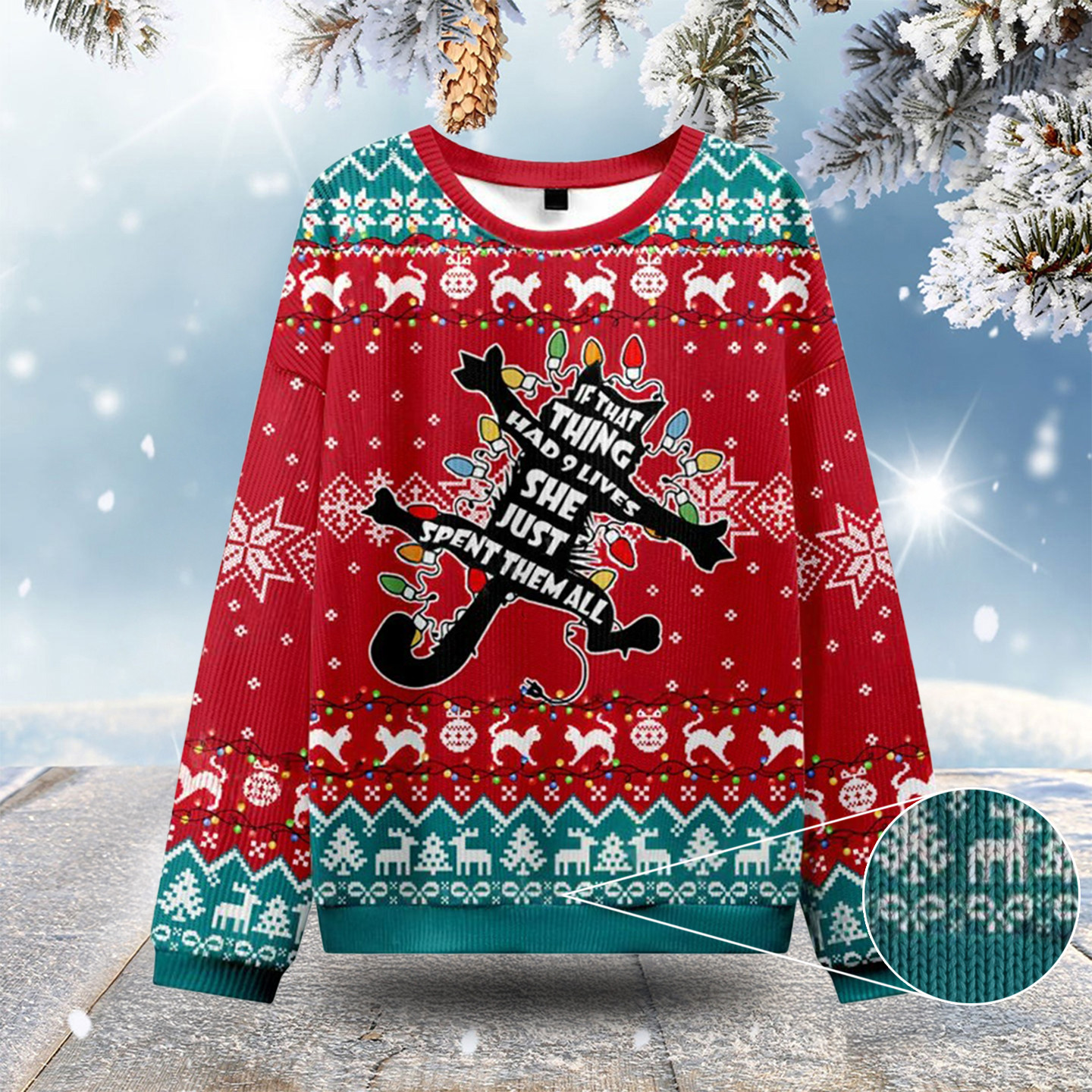 Cat Nine Lives Gone Wrong Ugly Christmas Sweatshirts Funny Xmas Sweaters Cat Gifts For Him Her