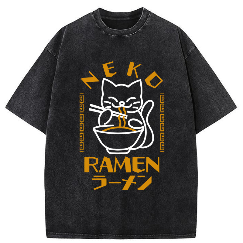 Cat Obsessed With Ramen Washed T-Shirt Retro Humor Graphic Top Gifts For Besties