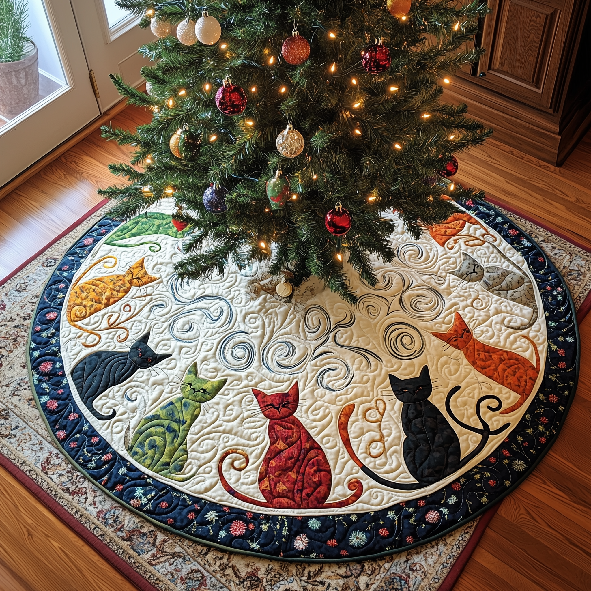 Cat Of Joy Quilted Tree Skirt Xmas Holiday Cat Christmas Tree Decorations Gifts Items