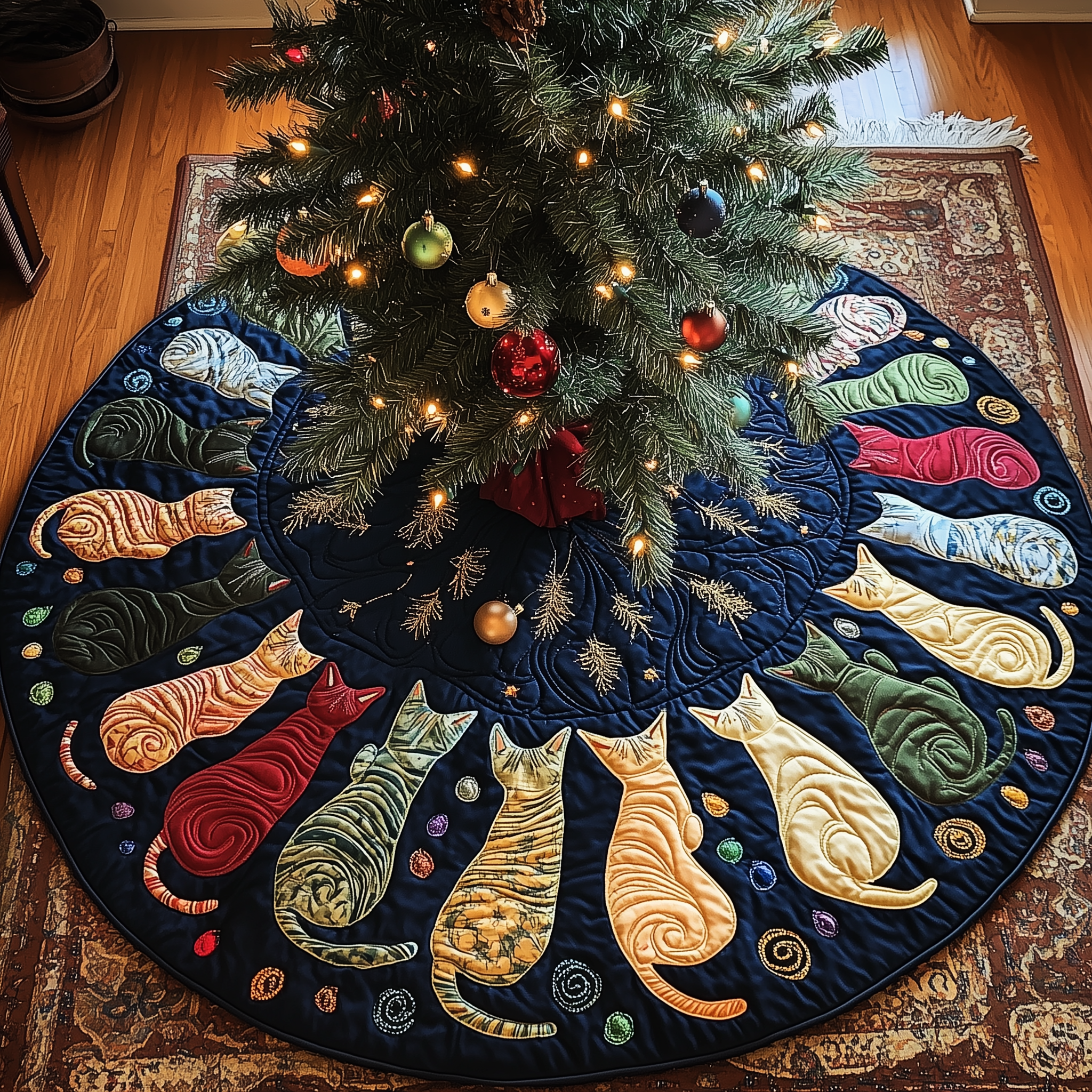 Cat Of Joy Quilted Tree Skirt Xmas Holiday Cat Christmas Tree Decorations Gifts Items