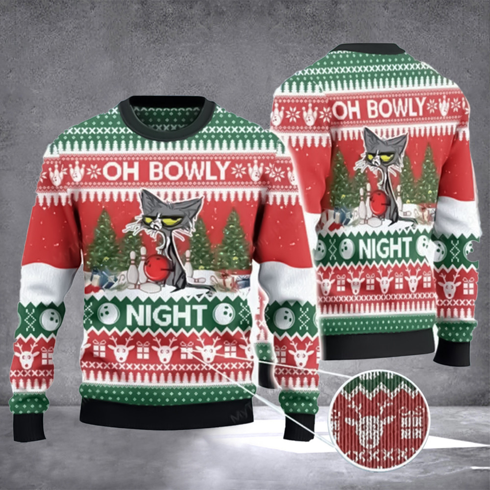 Cat Oh Bowly Night Ugly Christmas Sweater Bowling Lover Grumpy Cat Christmas Sweater Gifts