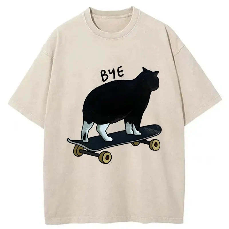 Cat On Skateboard Washed T-Shirt Minimal Retro Graphic Clothing Gifts For Besties