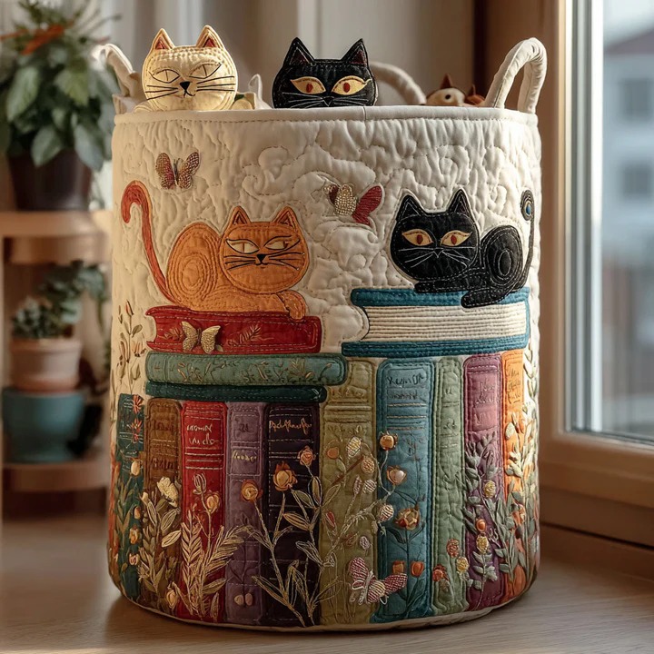 Cat Parade Boho Floral Quilted Laundry Basket Multiple Cats Home Storage Gift For Cat Mom