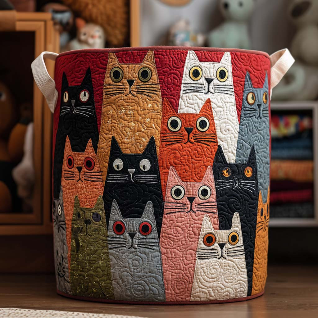 Cat Parade Quilted Laundry Basket Decorative Quilted Laundry Basket for Neat Spaces