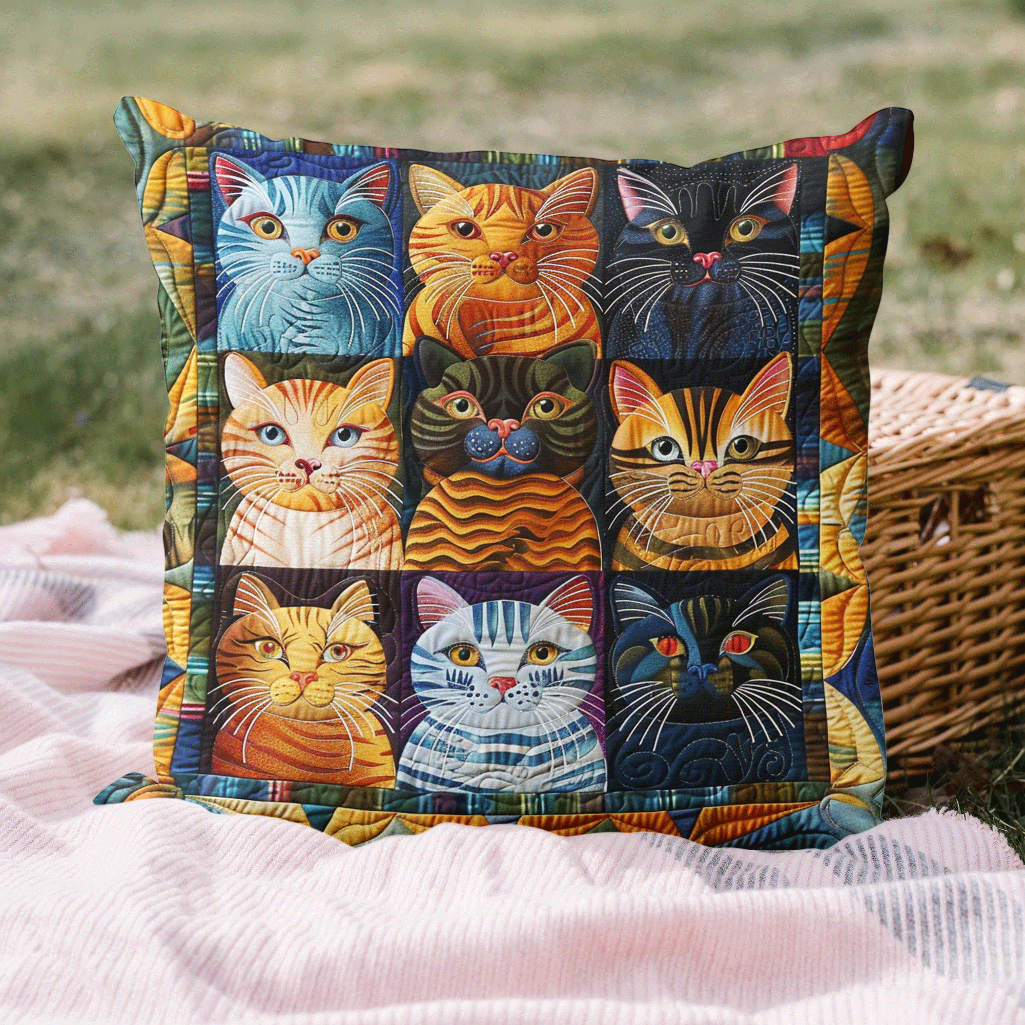 Cat Parade Quilted Pillow Case Plaid Christmas Pillow Cover