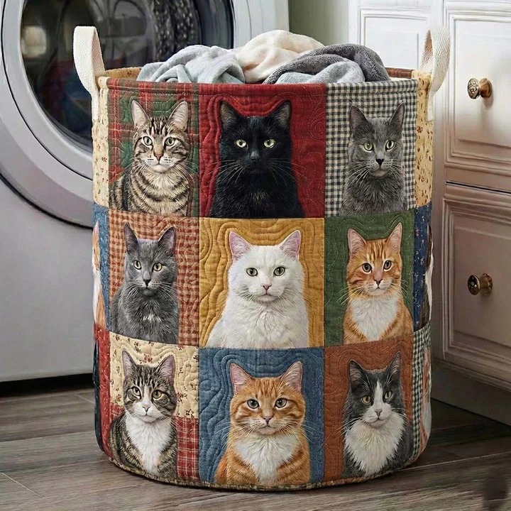 Cat Patchwork Portrait Quilted Laundry Basket Cat Mom Home Storage Best Gift Ideas For Cat Lovers