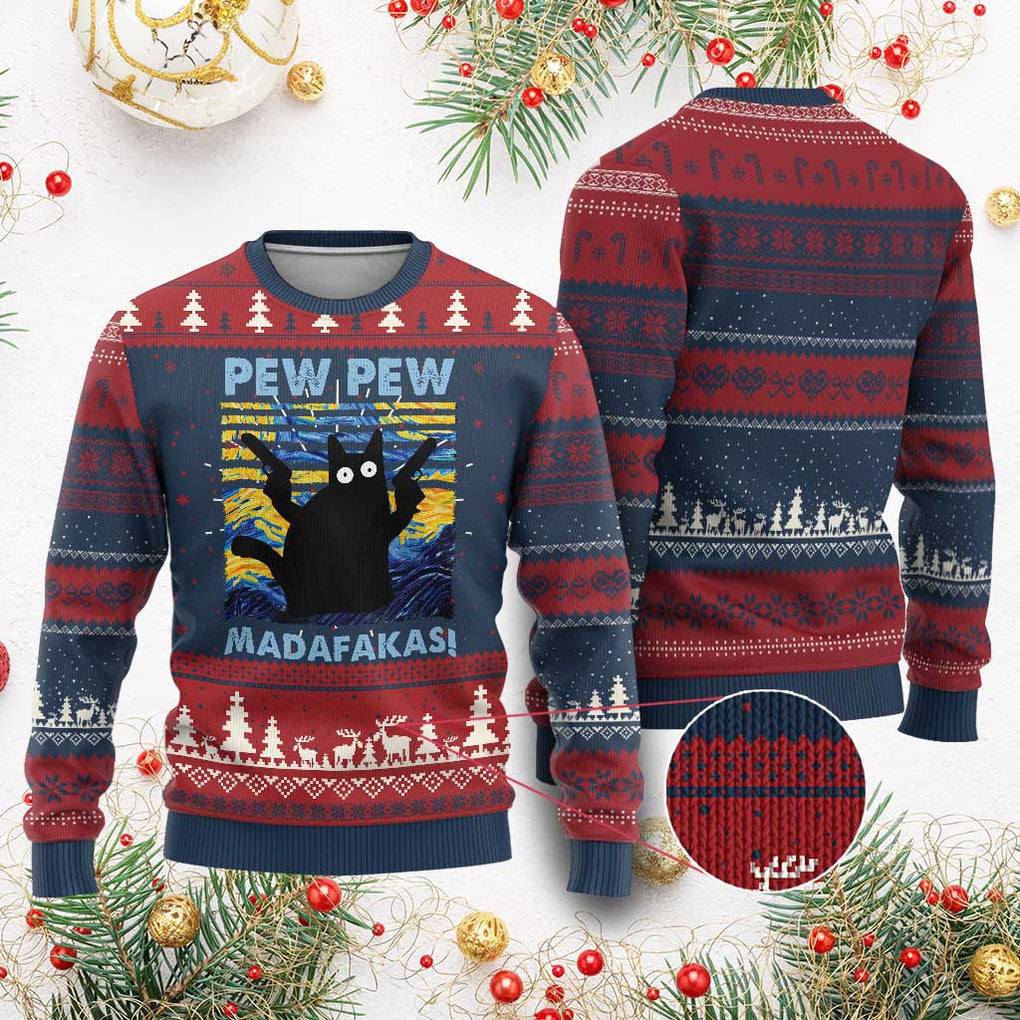 Cat Pew Pew Madafakas Ugly Christmas Sweater Starry Night Sweater Gifts For Cat Lover