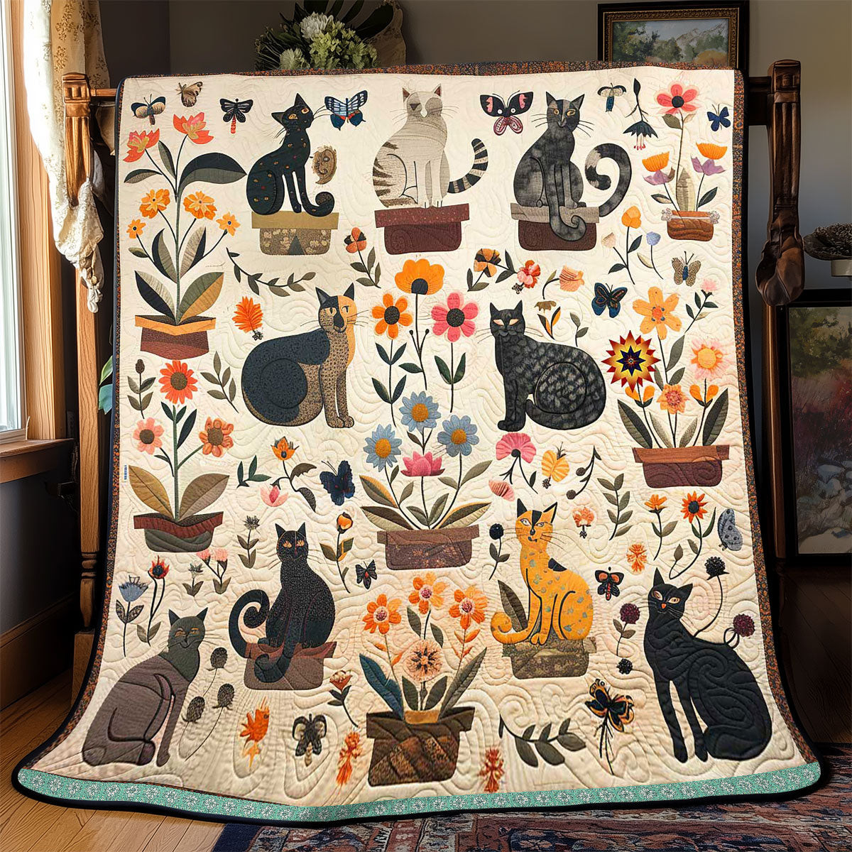Cat Planting Flower Holiday Christmas Quilt Blanket Christmas Gift Ideas For Wife