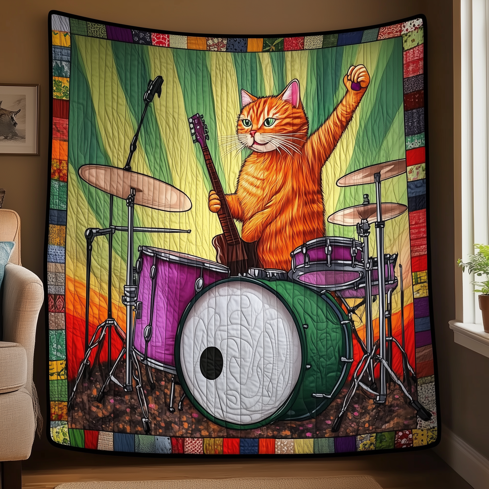 Cat Playing Drums Quilted Blanket Christmas Throw Blanket Cat Mom Gift