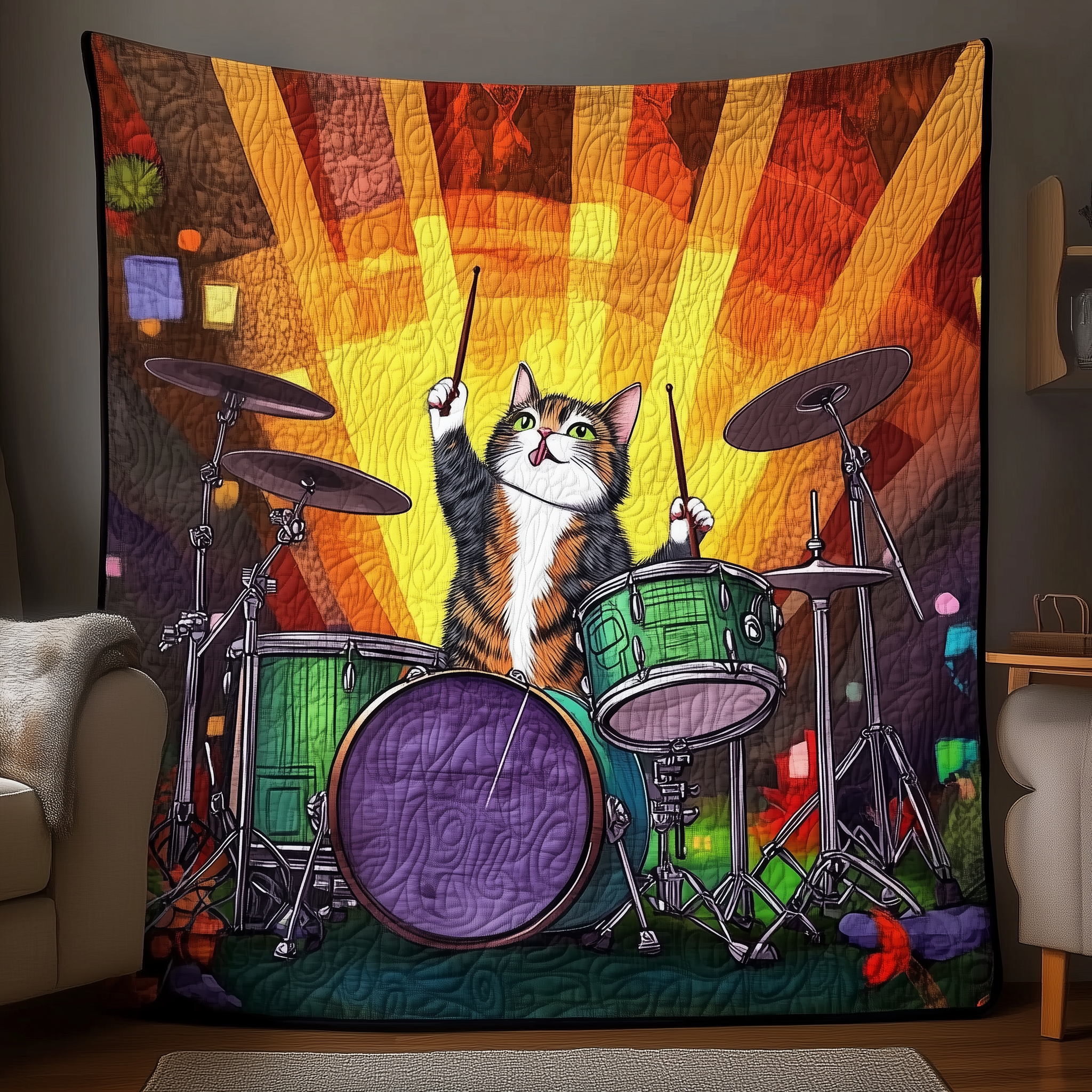 Cat Playing Drums Quilted Blanket Christmas Throw Blanket Christmas Gift For Cat Owners