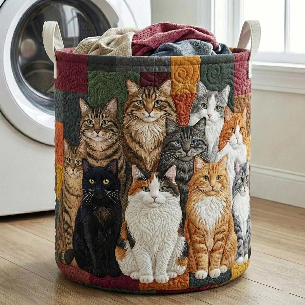 Cat Portrait Collage Quilted Laundry Basket Cat Lover Home Decor Best Gift For Cat Parents And Fans