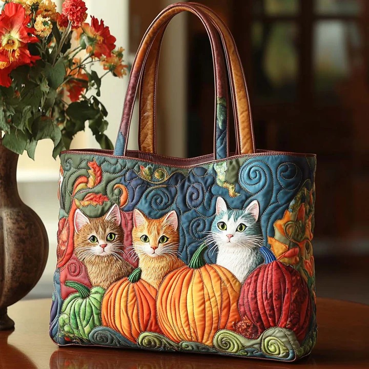 Cat Pumpkin Harvest Autumn Quilted Tote Bag Fall Cat Lover Halloween Seasonal Nature Gift For Mother