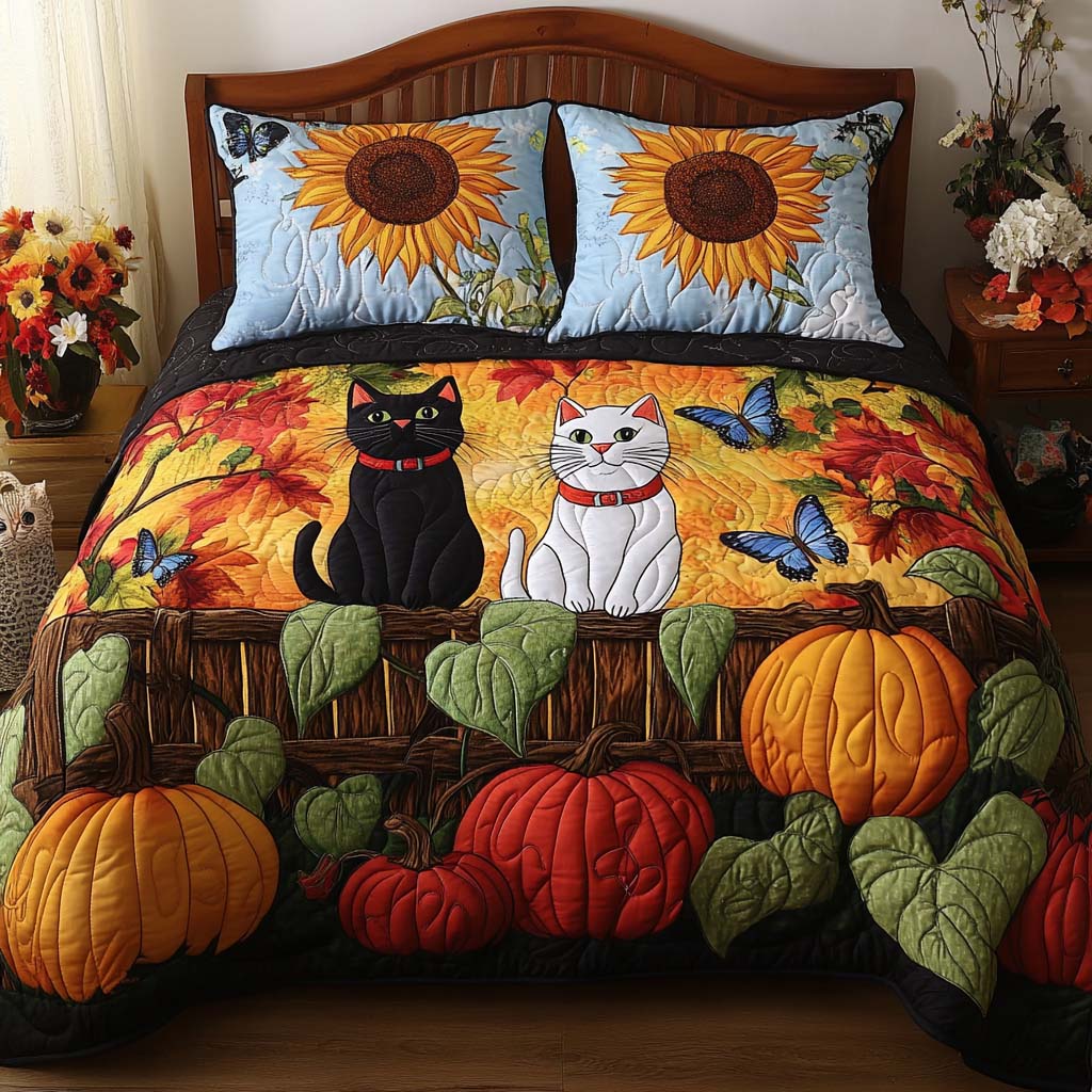 Cat Pumpkin Patch Quilted Bedding Set Holiday Season Duvet Cover Set Best Gifts For Cat Lovers