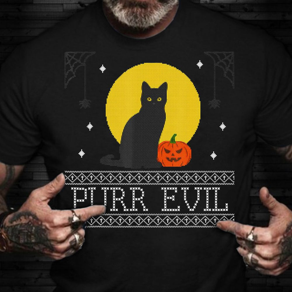 Cat Purr Evil Pumpkin Halloween Ugly Sweater Shirt For Cat Lovers Cute Halloween Tee