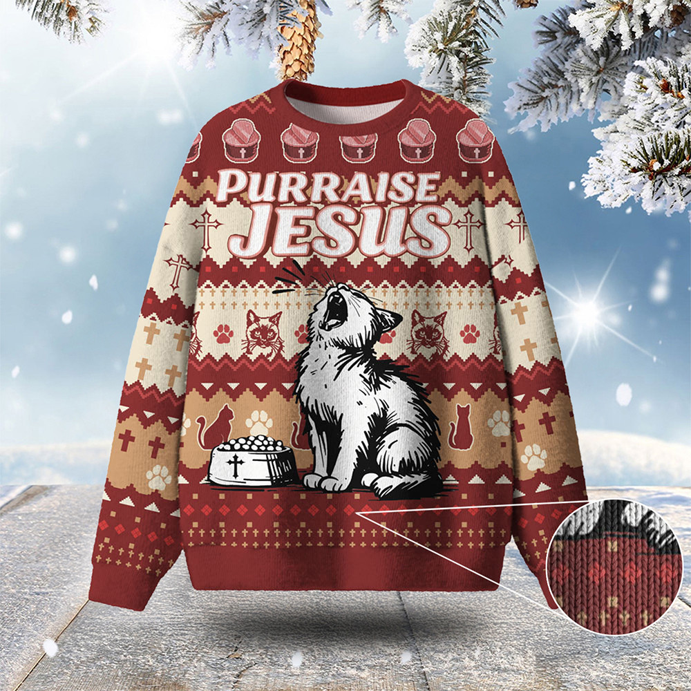 Cat Purraise Jesus Ugly Christmas Sweater Animal Themed Winter Apparel Cat Lover Xmas Gifts