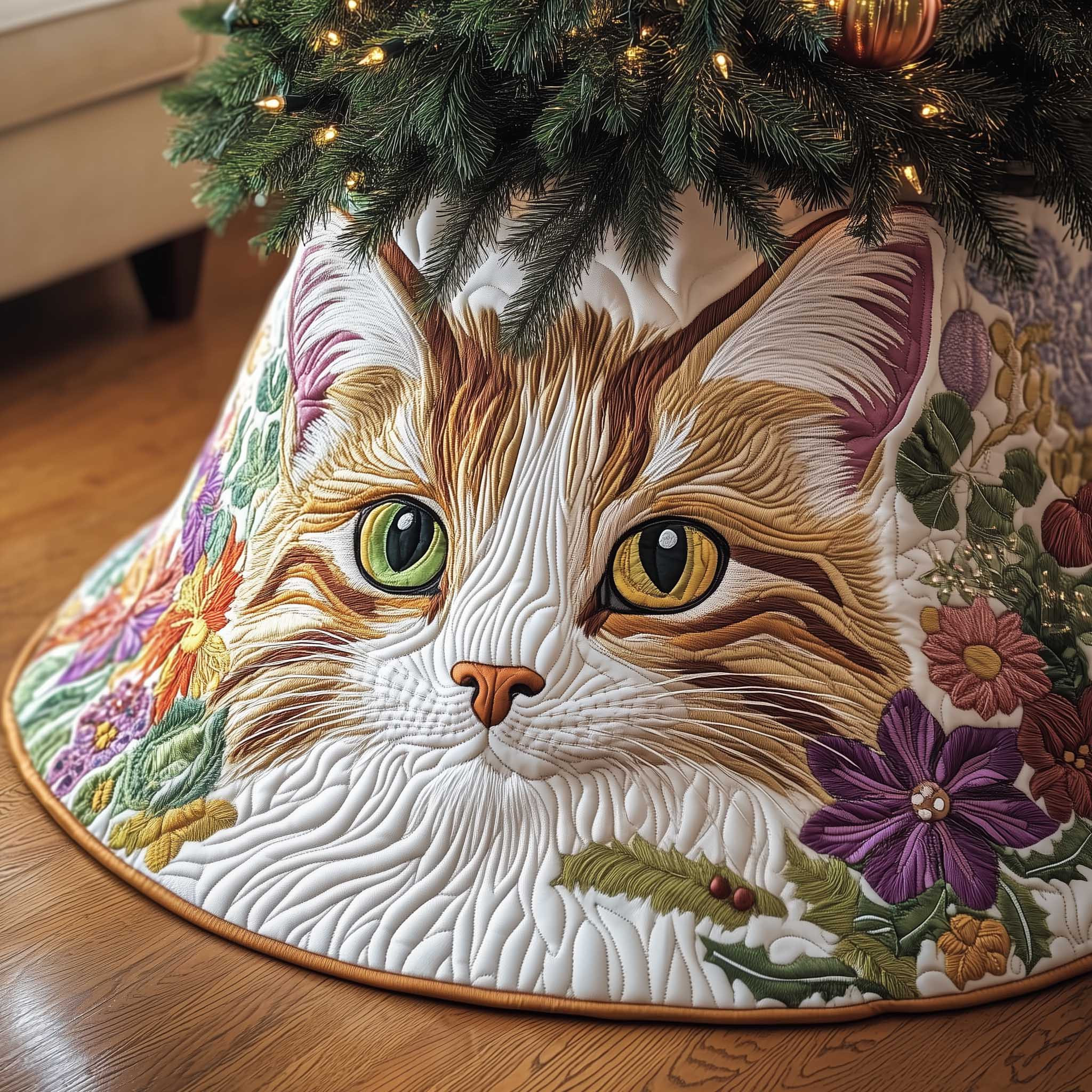 Cat Purrs Quilted Tree Skirt Animal Pattern Xmas Decor Christmas Tree Skirt Cat Lover Gifts