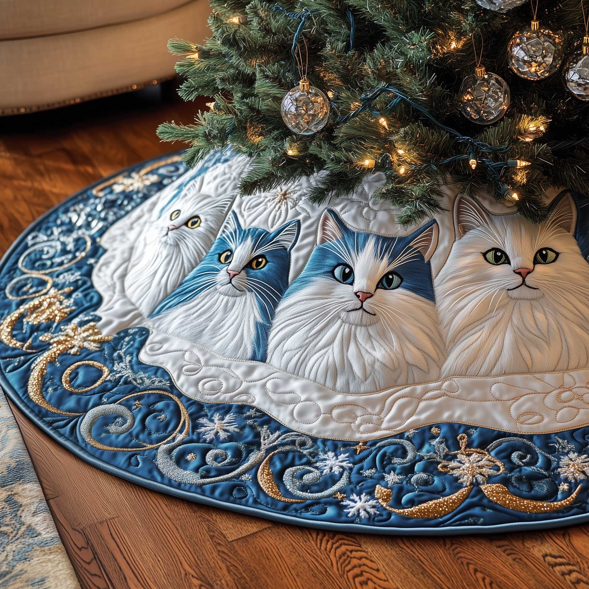 Cat Purrs Quilted Tree Skirt Christmas Home Decor Christmas Tree Skirt Cat Xmas Gifts