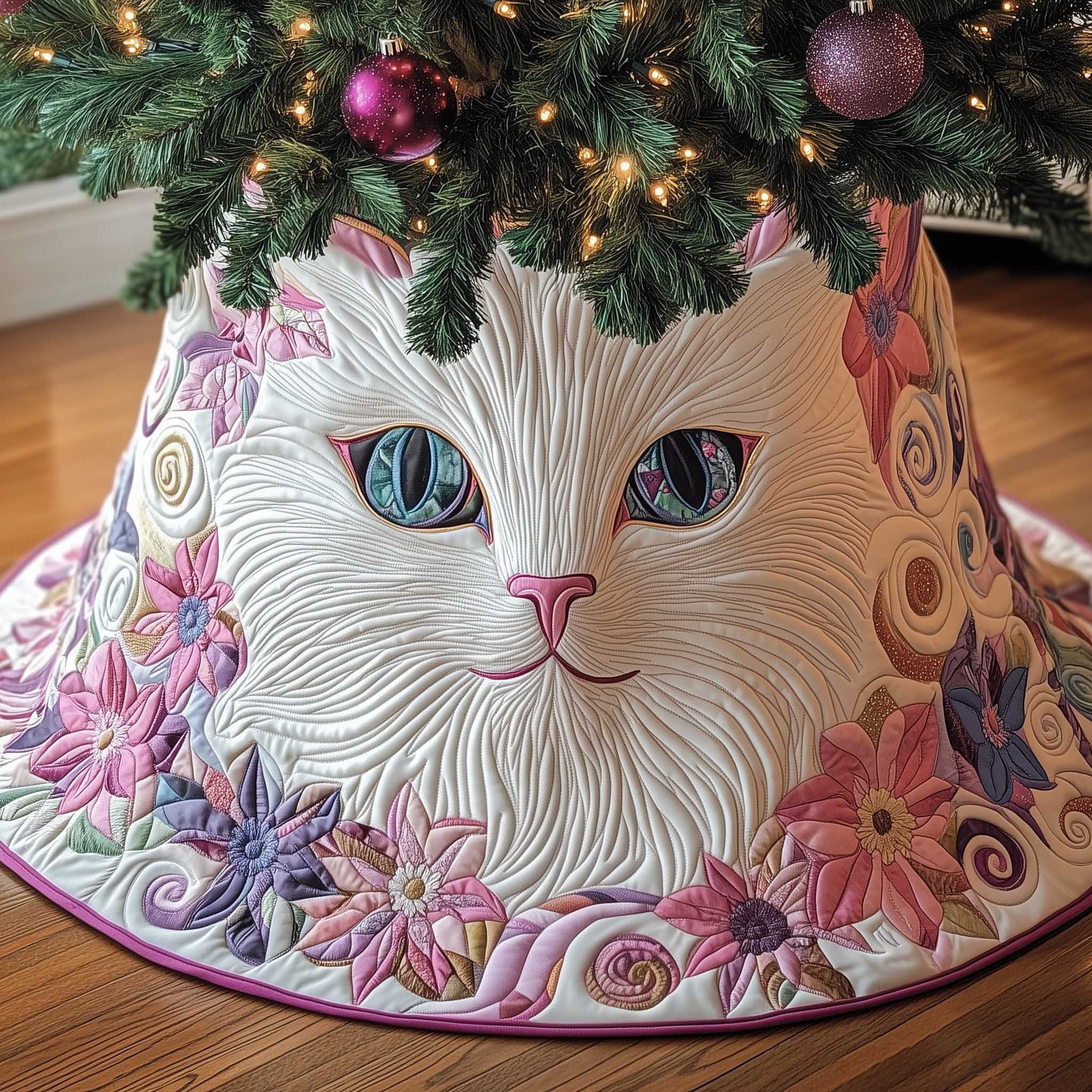 Cat Purrs Quilted Tree Skirt Christmas Tree Decor Christmas Tree Skirt Xmas Gifts For Cat Owners